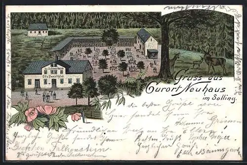 Lithographie Neuhaus im Solling, Hotel Im Sollinger Walde Otto Ziem, Hirsche mit Reh