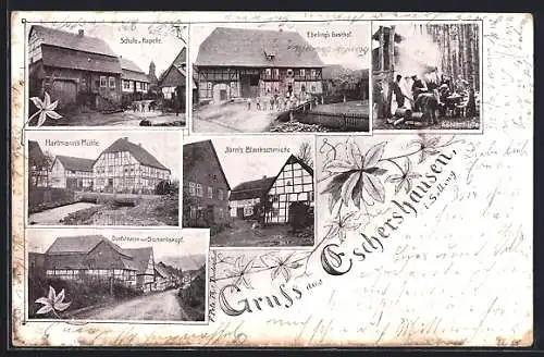 AK Eschershausen i. Solling, Ebelings Gasthof, Dorfstrasse mit Bismarkskopf, Köhlerhütte