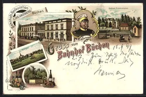 Lithographie Büchen, Bahnhof mit Eisenbahn, Schloss Friedrichsruh, Portrait Bismarck