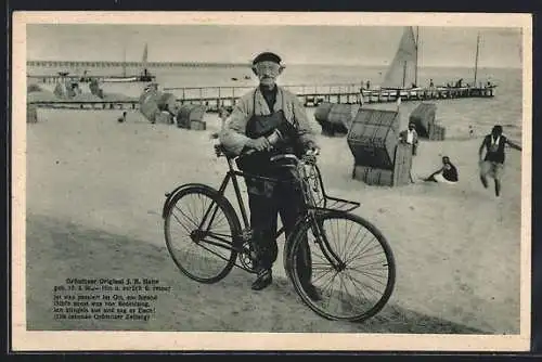 AK Grömitz, Grömitzer Original J. H. Hahn mit Fahrrad am Strand