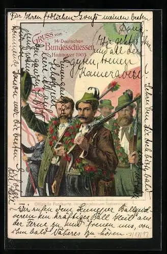 Lithographie Hannover, 14. Deutsches Bundesschiessen 1903, Schützen mit Gewehren, Ganzsache
