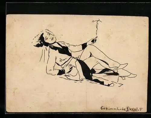 Künstler-AK Handgemalt: Junge Frau zeigt im Liegen ihre nackten Beine und raucht