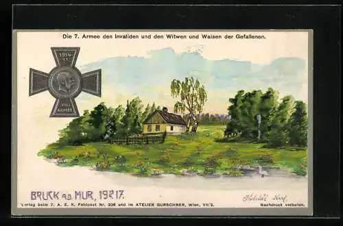 Künstler-AK Handgemalt: Bruck a. d. Mur, 7. Armee den Invaliden, Eisernes Kreuz über einer kleinen Hütte im Wald