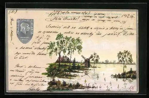 Künstler-AK Handgemalt: 4. Armee den Invaliden, kleine Mühle am Wasser
