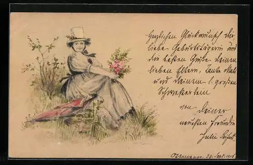 Künstler-AK Handgemalt: Dame sitzt mit Blumenstrauss und Schirm auf einer Wiese