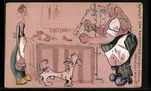 Künstler-AK Handgemalt: Fleischer bereitet die Wurst zu, Hund ist erfreut