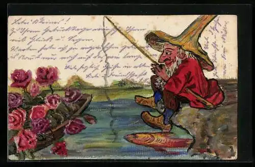 Künstler-AK Handgemalt: Zwerg angelt zufrieden einen Fisch