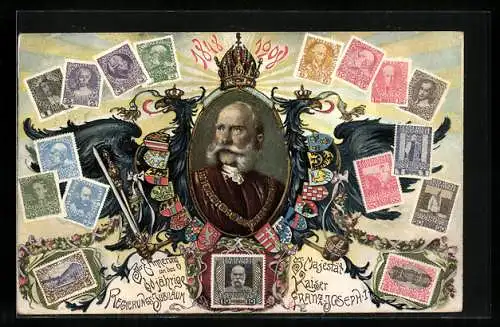 Künstler-AK Kaiser Franz Josef I. von Österreich, Portrait mit österreichischen Wappen und Briefmarken