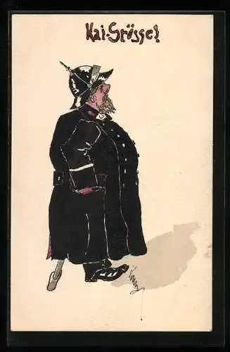 Künstler-AK Handgemalt: Kai-Grösse, Beleibter Soldat in schwarzer Uniform mit Pickelhaube