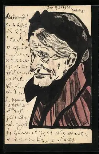 Künstler-AK Handgemalt: Alte Frau mit Kopfbedeckung und rotem Mantel