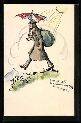 Künstler-AK Handgemalt: Weltenbummler mit zerlöchertem Regenschirm