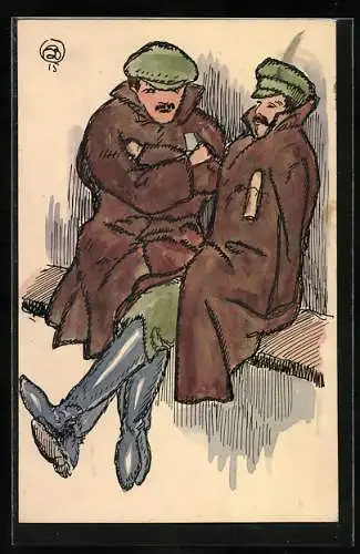 Künstler-AK Handgemalt: Soldaten in dicken Mänteln im Schützengraben
