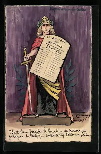 Künstler-AK Handgemalt: Französische Kämpferin mit Schwert, La Société des Nations