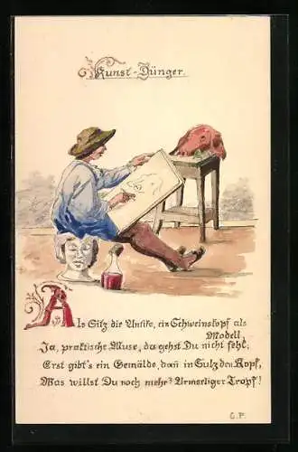 Künstler-AK Handgemalt: Maler mit Weinflasche zeichnet einen Schweinekopf