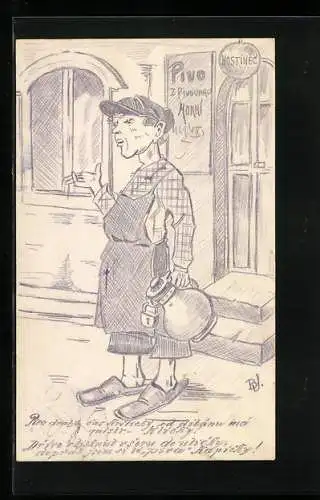 Künstler-AK Handgemalt: Restaurantbesitzer mit verschlossener Karaffe