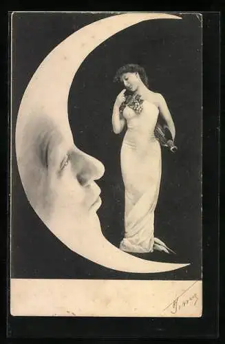 AK Schöne Frau steht auf der Mondsichel, ein Gesicht schaut sie an