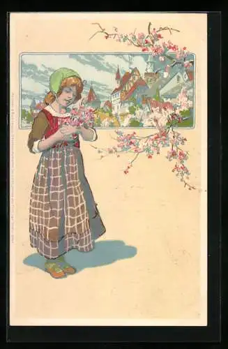 Künstler-AK Meissner & Buch (M&B) Serie 1149: Grüsse des Frühlings, junge Magd mit rosa Blüten