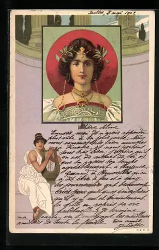 Künstler-AK Junge Frau mit Goldschmuck und Lyra, Jugendstil