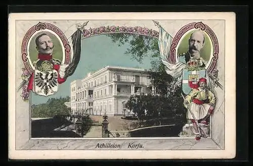 AK Korfu, Achilleion, Portrait kaiser Wilhelm II. & König von Griechenland