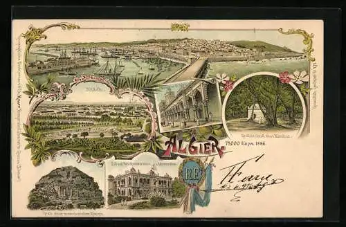 Lithographie Algier, Generalansicht, Blick auf den Hafen, Grabdenkmal eines Marabut, Blidah, Palast des Gouverneurs