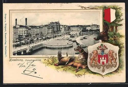 Passepartout-Lithographie Hamburg-Neustadt, Jungfernstieg, Jagdhund mit erlegtem Wild, Wappen