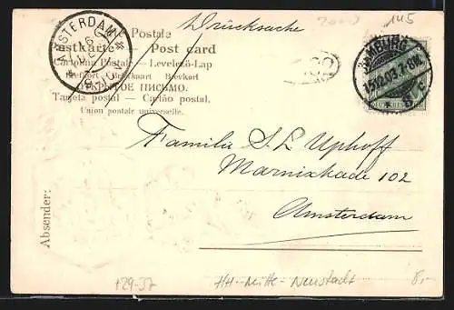 Passepartout-Lithographie Hamburg-Neustadt, Jungfernstieg, Jagdhund mit erlegtem Wild, Wappen