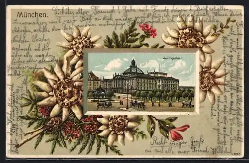 Passepartout-Lithographie München, Justizpalast, Edelweiss