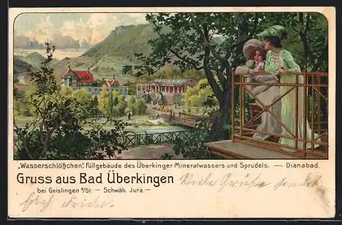 Lithographie Bad Überkingen bei Geislingen, Wasserschlösschen, Füllgebäude des Überkinger Mineralwassers und Sprudels