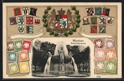 AK München, Nornenbrunnen, Wappen mit Briefmarken