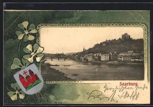 AK Saarburg, Uferpartie mit Burgruine, Wappen mit Kleeblättern, Passepartout