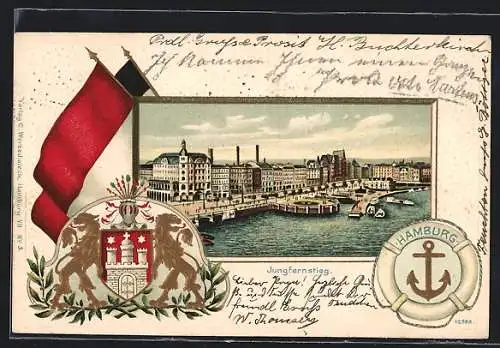 Passepartout-Lithographie Hamburg-Neustadt, Jungfernstieg, Wappen