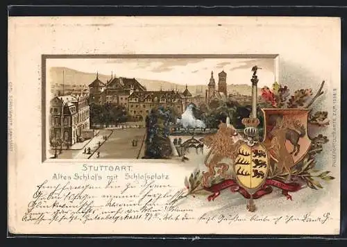 Passepartout-Lithographie Stuttgart, Altes Schloss mit Schlossplatz u. Wappen