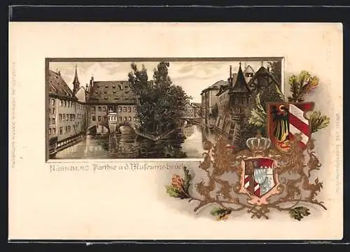 Passepartout-Lithographie Nürnberg, Partie an der Museumsbrücke, Wappen