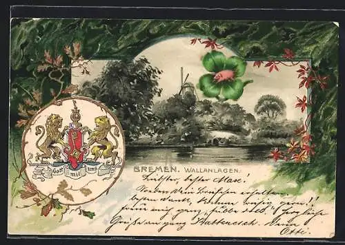 Passepartout-Lithographie Bremen, Wallanlagen mit Windmühle, Wappen