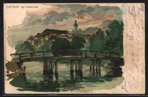 Künstler-AK Dachau bei München, Uferpartie mit Brücke