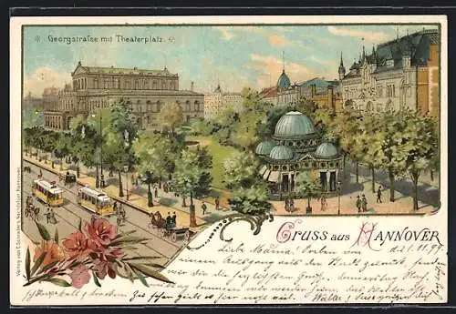 Lithographie Hannover, Georgstrasse mit Strassenbahn und Theaterplatz