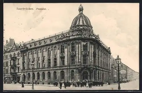 AK Saarbrücken, Postamt, Strassenbahnhaltestelle