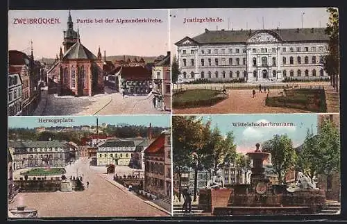 AK Zweibrücken, Justizgebäude, Herzogsplatz, Wittelsbacherbrunnen
