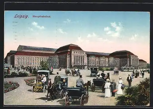 AK Leipzig, Der Hauptbahnhof, Kutschen