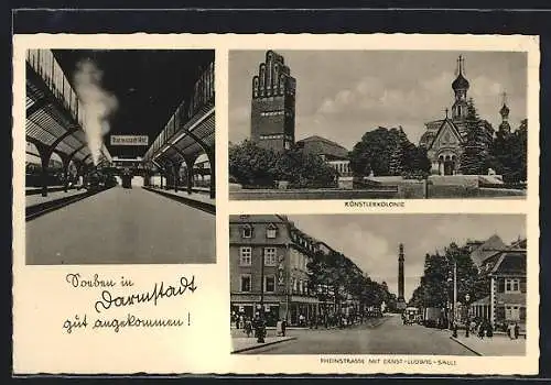 AK Darmstadt, Rheinstrasse mit Geschäften und Ernst-Ludwig-Säule, Hauptbahnhof bei Nacht, Künstlerkolonie