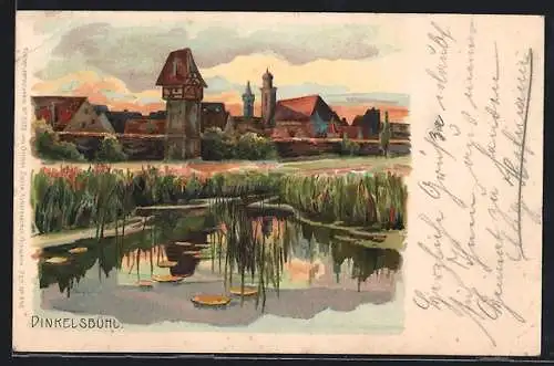 Lithographie Dinkelsbühl, Teich und Kirche