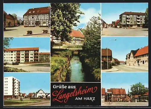 AK Langelsheim am Harz, Strassenpartie mit Gasthaus, Bach, Ortspartie