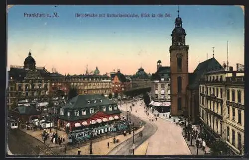 AK Frankfurt a. M., Hauptwache mit Katharinenkirche und Strassenbahn, Blick in die Zeil