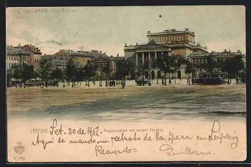 AK Leipzig, Augustusplatz mit neuen Theater und Strassenbahn