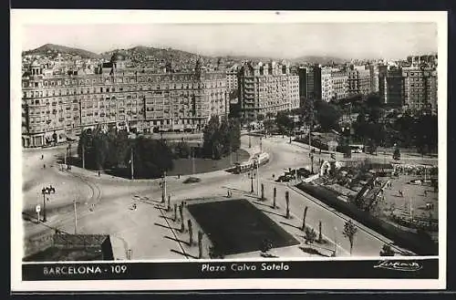 AK Barcelona, plaza Calvo Sotelo, Strassenbahn