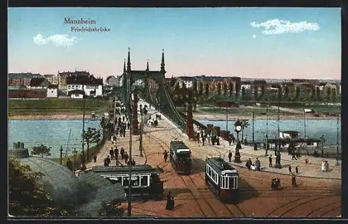 AK Mannheim, Strassenbahnen an der Friedrichsbrücke