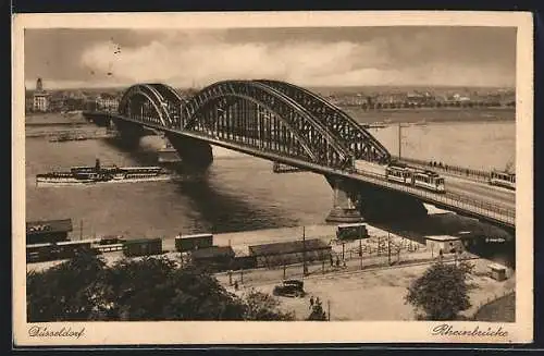 AK Düsseldorf, Rheinbrücke mit Strassenbahn