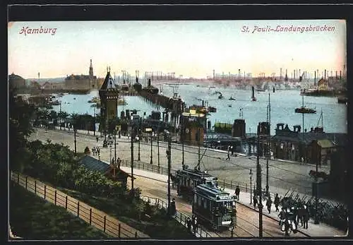 AK Hamburg-St. Pauli, Strassenbahn an den Landungsbrücken
