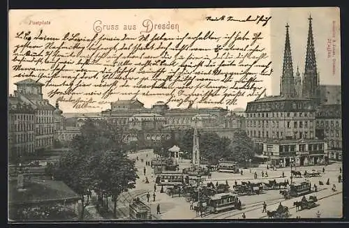 AK Dresden, Postplatz mit Kirche und Strassenbahn
