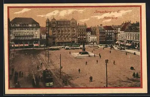 AK Strassburg i. E., Kleberplatz mit Denkmal und Strassenbahn